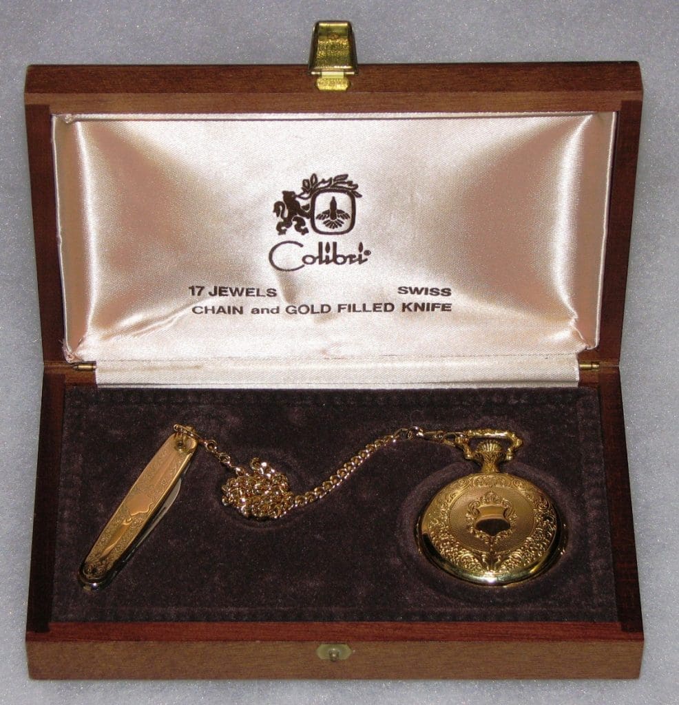 Vintage Colibri 17-Juwelen-Taschenuhr mit Handaufzug und Messerset im Präsentationskoffer 8357956344