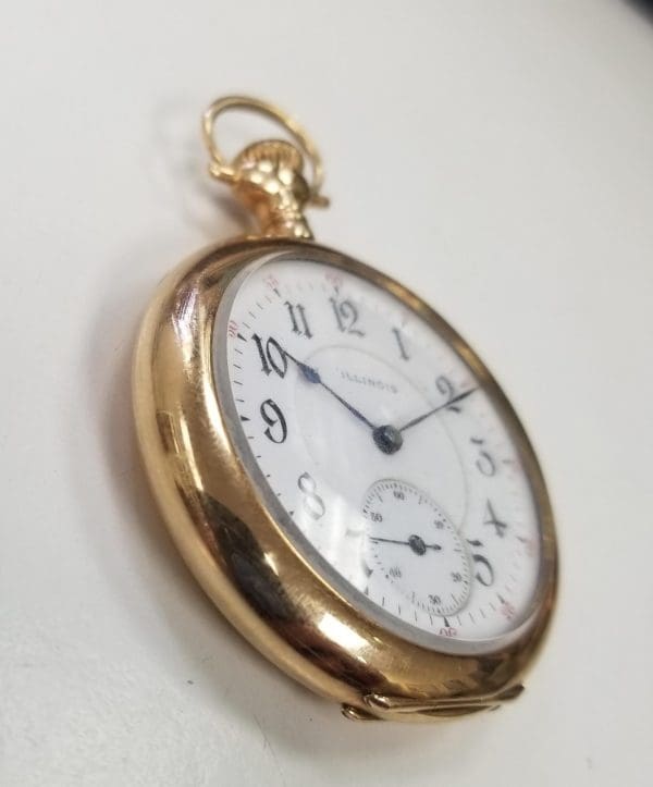 14k Yellow Gold Illinois Open Face Hand Engraved Pocket Watch with White Dial 2