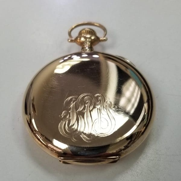 14k Yellow Gold Illinois Open Face Hand Engraved Pocket Watch with White Dial 5