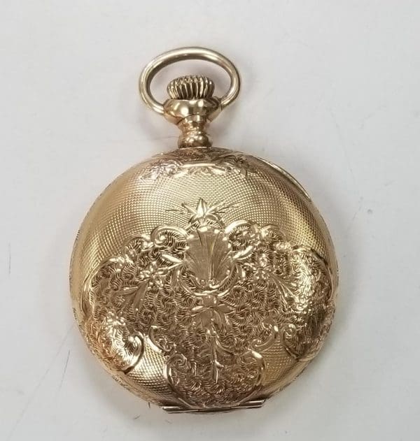 14k yellow gold American Waltham hand engraved pocket watch with white dial 2