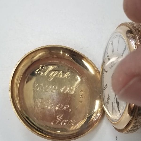 14k yellow gold American Waltham hand engraved pocket watch with white dial 4