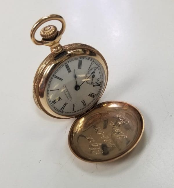 14k yellow gold American Waltham hand engraved pocket watch with white dial 6