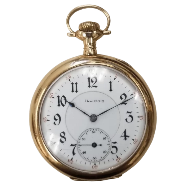 14k Yellow Gold Illinois Open Face Hand Engraved Pocket Watch with White Dial 1 transformed