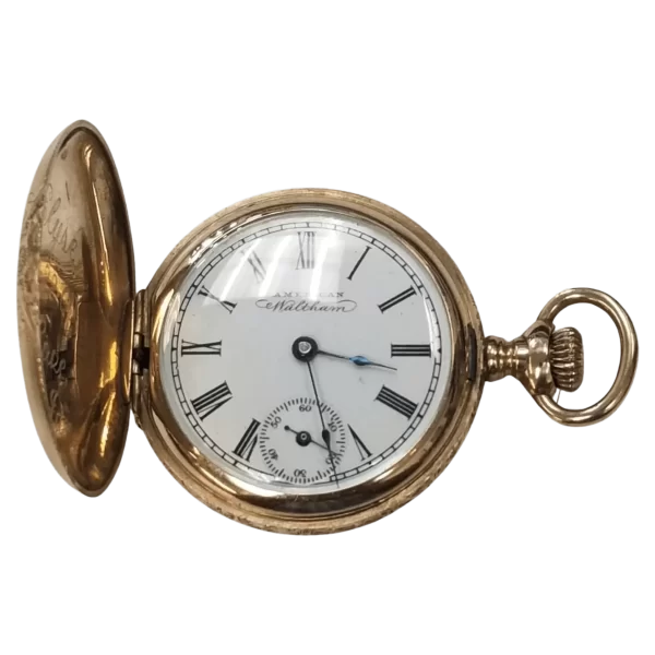 14k yellow gold American Waltham hand engraved pocket watch with white dial 1 transformed