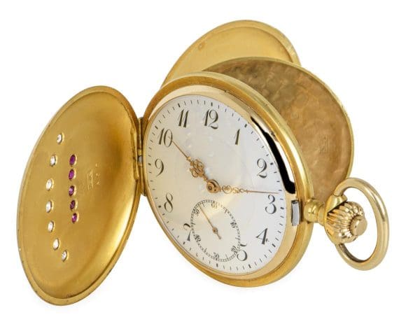 18Kt Yellow Gold Full Hunter Keyless Wind Lever Pocket Watch with a Crown Motif 2