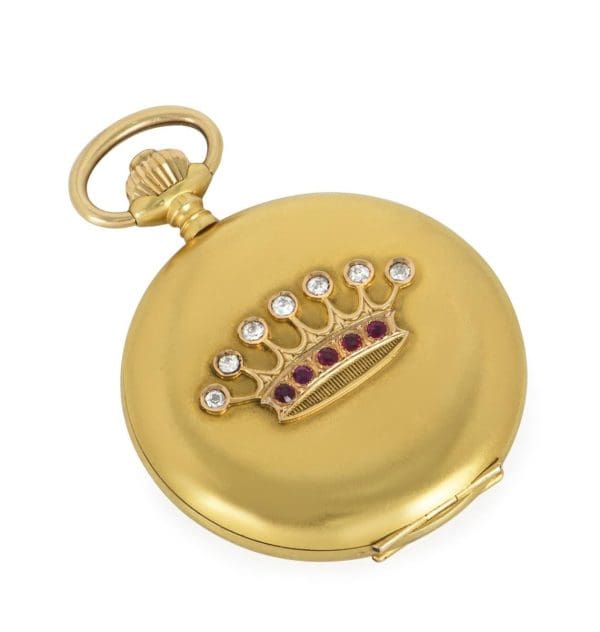 18Kt Yellow Gold Full Hunter Keyless Wind Lever Pocket Watch with a Crown Motif 5