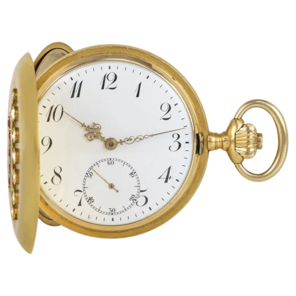 18Kt Yellow Gold Full Hunter Keyless Wind Lever Pocket Watch with a Crown Motif 1 transformed