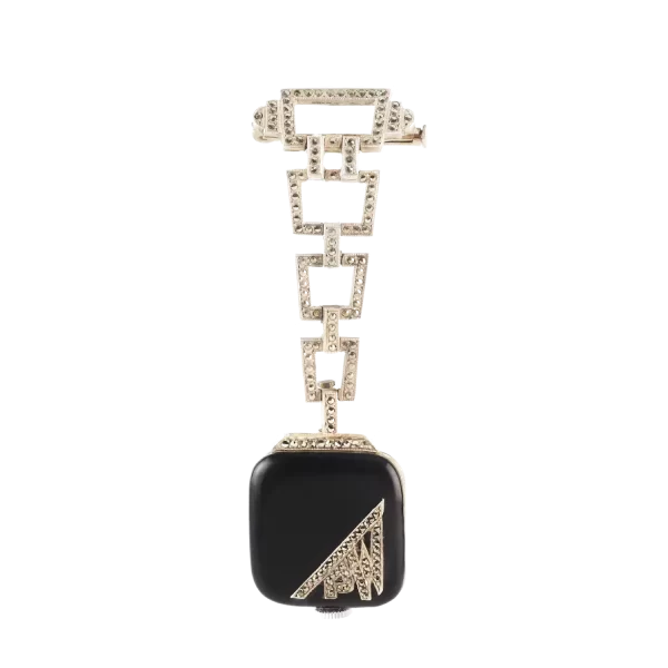 An Art Deco Silver Marcasite Enamel Watch Brooch 1