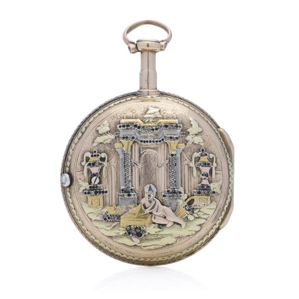 ساعة جيب Verge Fusee Key من القرن الثامن عشر العتيقة من الذهب والفضة عيار 18 قيراطًا 2
