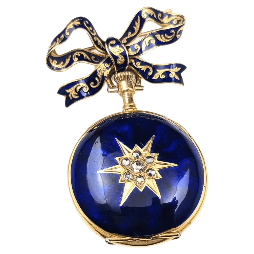 Antique Diamond star fob watch  18k gold  Blue enamel  Bow brooch  1 transformed