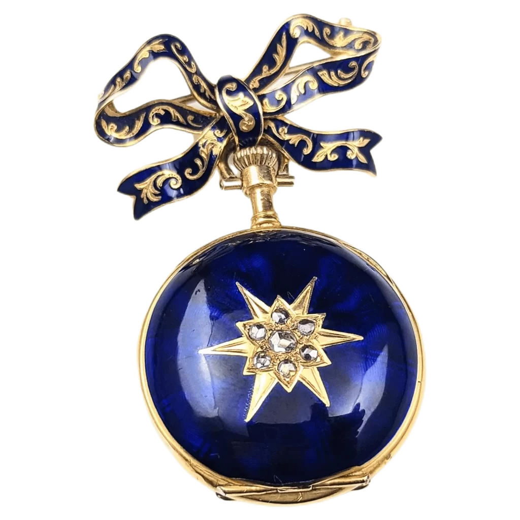 Antiek diamanten sterhorloge, 18k goud, blauw geëmailleerde boogbroche 1 getransformeerd