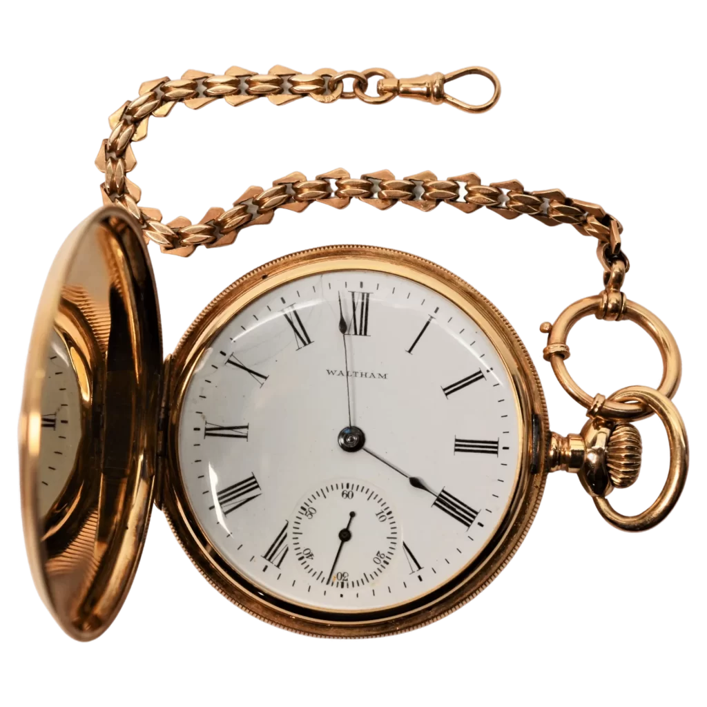 นาฬิกาพ็อกเก็ตอเมริกันกับยุโรป: การศึกษาเปรียบเทียบ 7 - watchmuseum.org Antique Waltham American Watch Co 14K สีเหลืองทองนาฬิกานาฬิกาทองคำกับโซ่ทอง 1 เปลี่ยน