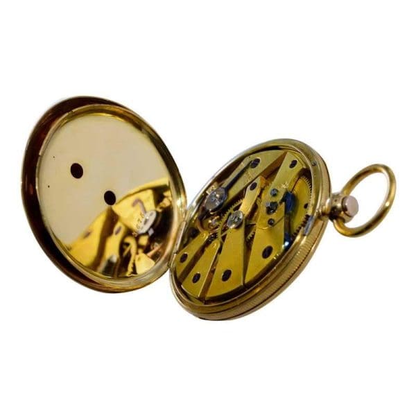 Bonnet 18kt. Solid Gold Open Faced Pocket Watch with Engine Turned Dial 1850s 11