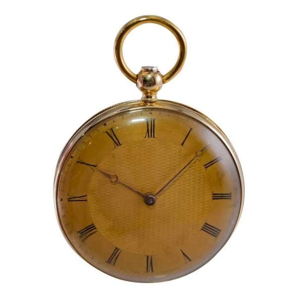 Bonnet 18kt. Solid Gold Open Faced Pocket Watch with Engine Turned Dial 1850s 3