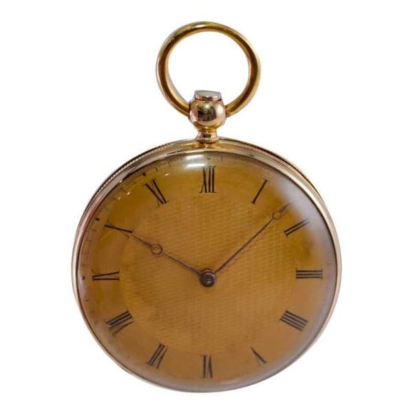 Bonnet 18kt. Solid Gold Open Faced Pocket Watch with Engine Turned Dial 1850s 4