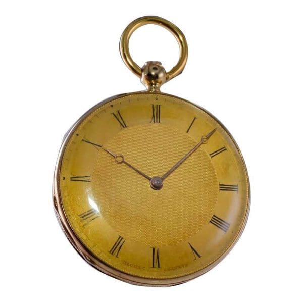 Bonnet 18kt. Solid Gold Open Faced Pocket Watch with Engine Turned Dial 1850s 5