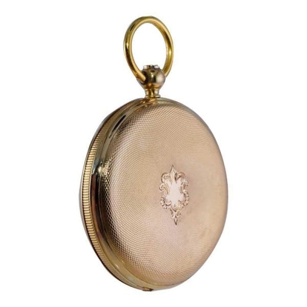 Bonnet 18kt. Solid Gold Open Faced Pocket Watch with Engine Turned Dial 1850s 6