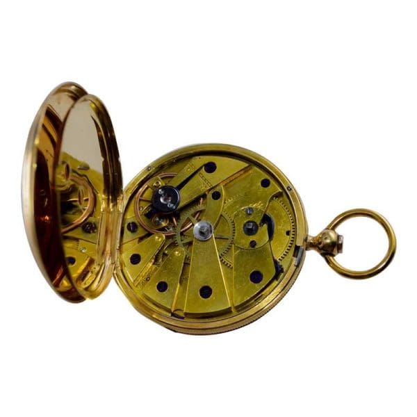 Bonnet 18kt. Solid Gold Open Faced Pocket Watch with Engine Turned Dial 1850s 9