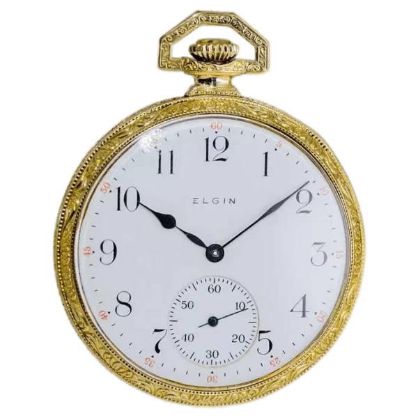 Elgin Yellow Gold Filled Art Deco Hand Engraved Pocket Watch from 1918 1