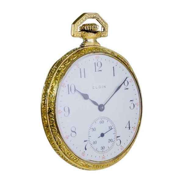 Elgin Yellow Gold Filled Art Deco Hand Engraved Pocket Watch from 1918 2