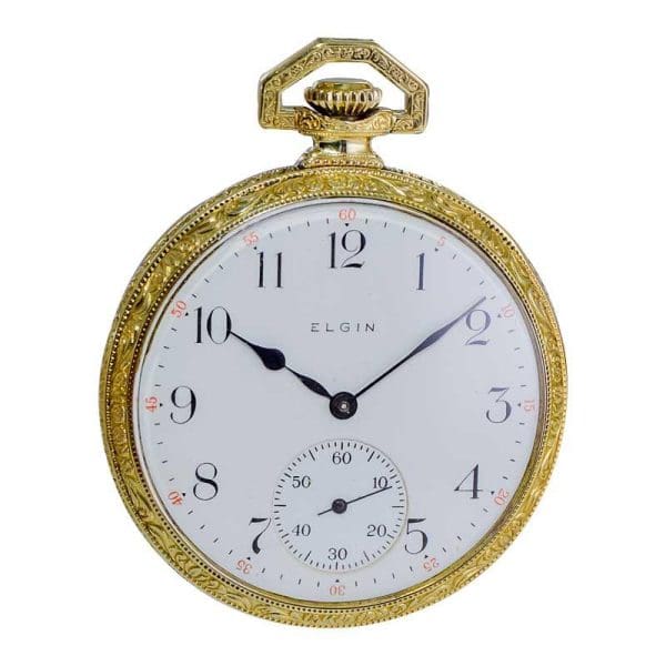 Elgin Yellow Gold Filled Art Deco Hand Engraved Pocket Watch from 1918 3