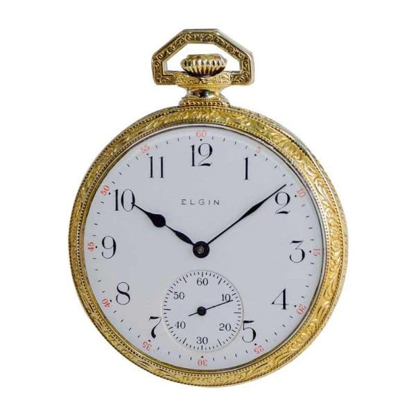 Elgin Yellow Gold Filled Art Deco Hand Engraved Pocket Watch from 1918 4