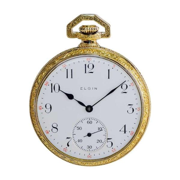 Elgin Yellow Gold Filled Art Deco Hand Engraved Pocket Watch from 1918 5