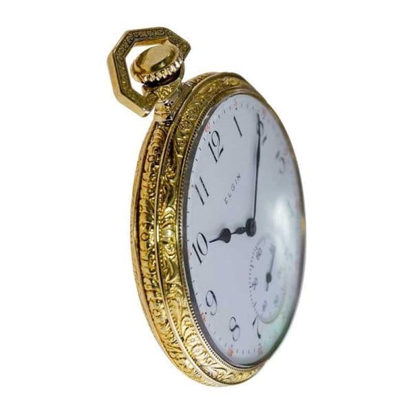 Elgin Yellow Gold Filled Art Deco Hand Engraved Pocket Watch from 1918 6