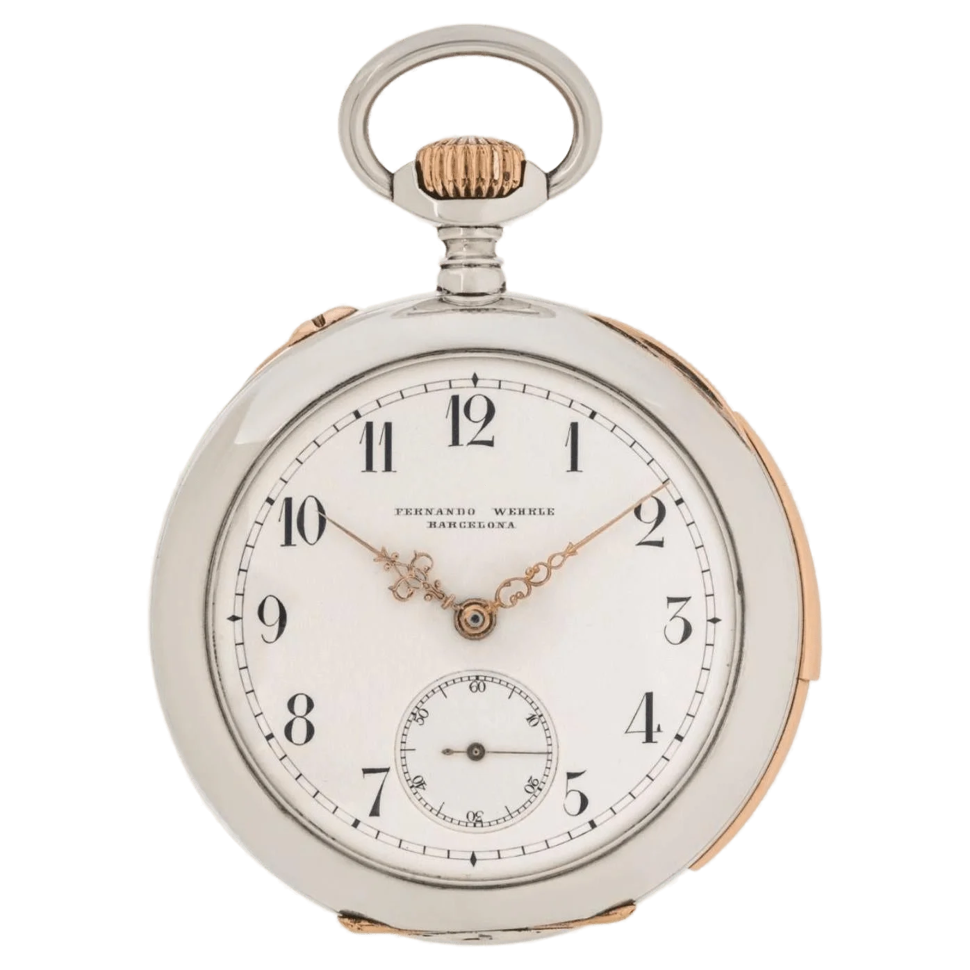 Fernando Wehrle Silver & Rose Gold Minute Repeater Pocket Watch - 1900 1 - WatchMuseum.org Fernando Wehrle Silver Rose Gold Keyless Lever Minute Repeater Open Face Pocket 1 trasformat