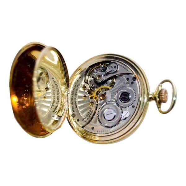 Hamilton Yellow Gold Filled Open Faced Enamel Dial Railway Pocket Watch 1940s 16
