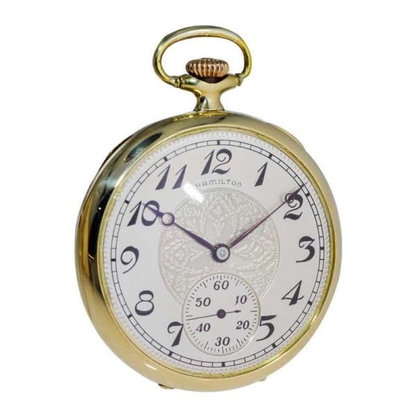 Hamilton Yellow Gold Filled Open Faced Enamel Dial Railway Pocket Watch 1940s 7