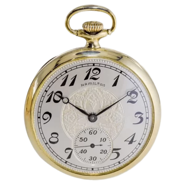Hamilton Yellow Gold Filled Open Faced Enamel Dial Railway Pocket Watch 1940 s 1 transformed