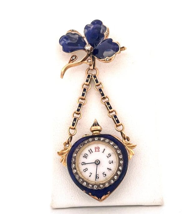 Late Victorian 14k Yellow Gold Blue Enamel Diamond Detachable Watch Pin 4