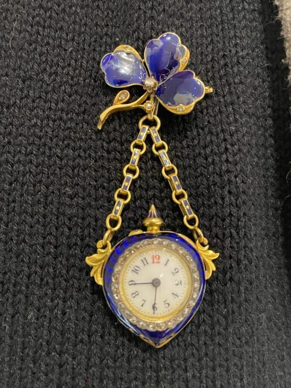Late Victorian 14k Yellow Gold Blue Enamel Diamond Detachable Watch Pin 6