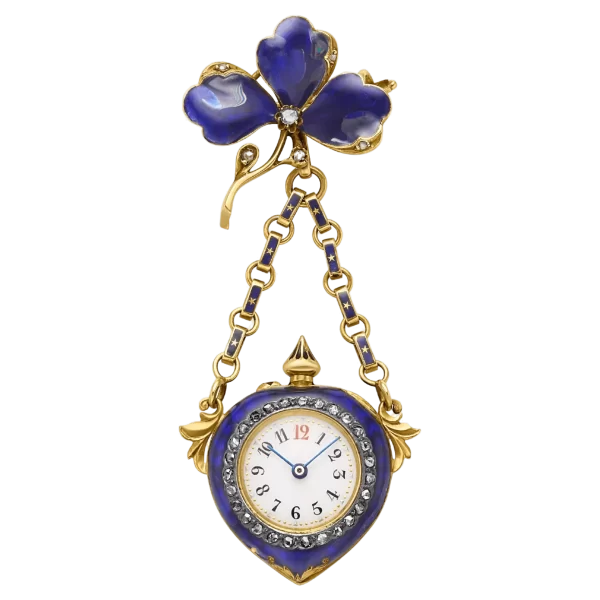Late Victorian 14k Yellow Gold Blue Enamel   Diamond Detachable Watch Pin 1 transformed