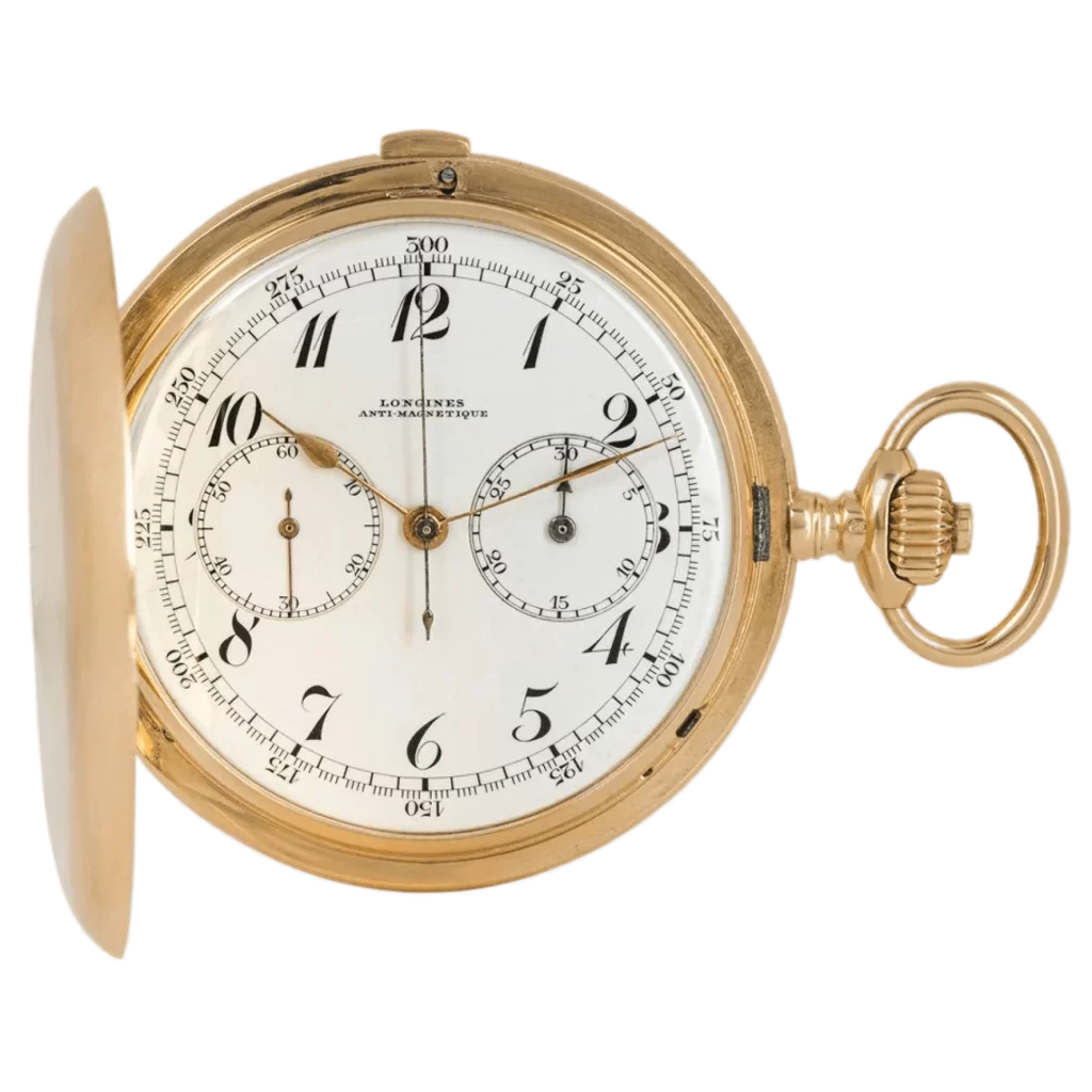 Rellotge de butxaca amb cronògraf de palanca sense clau d&#39;or de 18 quilates de Longines C1900s