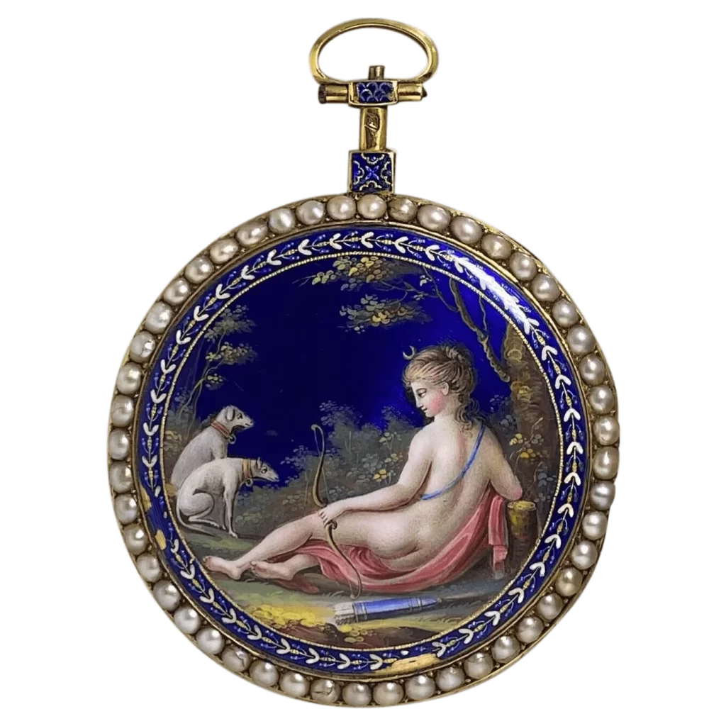 Orologio da tasca OpenFace con perle naturali smaltate in oro 18 carati di Napoleone Bonaparte intorno al 1800