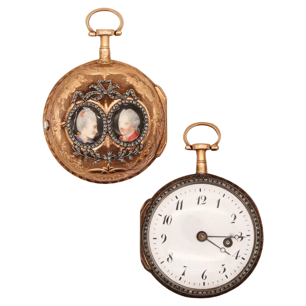 Neuchtel 1780 Verge   Fusee Pocket Watch with Enamel Portraits Pendant 18Kt Gold 1 transformed