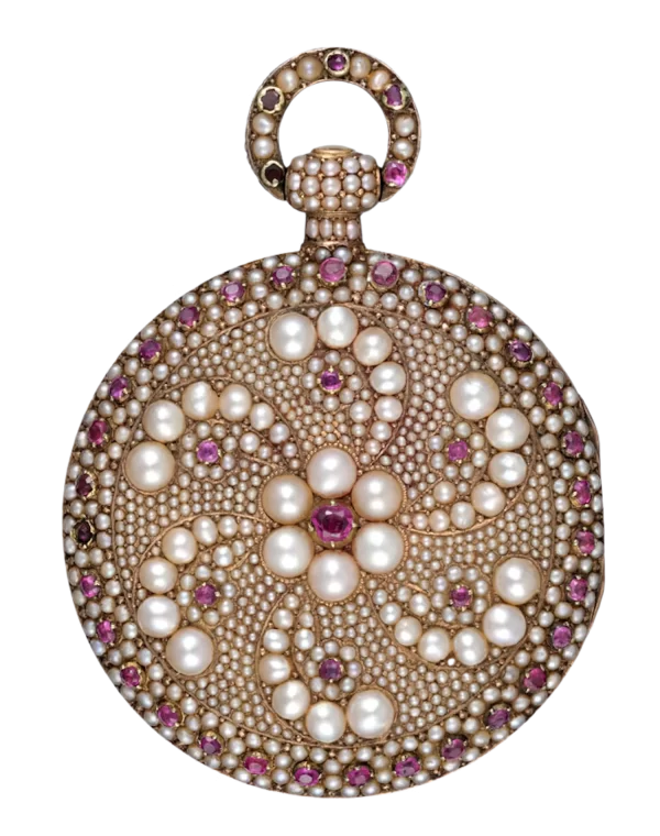 RARE PEARL AND RUBY ENCRUSTED GOLD WATCH 1