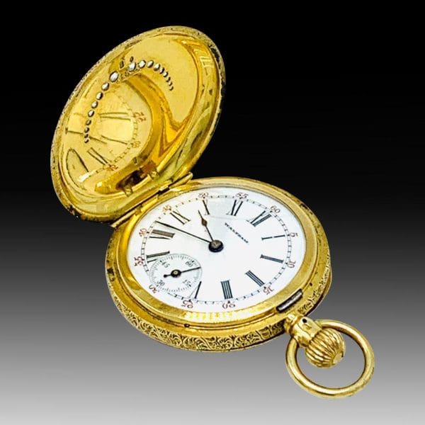 Rare 18ct Gold Enamel Special Diamond Grade Hunter Pocket Watch Waltham 1898 6