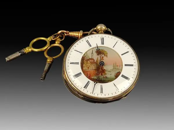 Rare Antique Pocket Key Watch French 1800s with Painted Enamel Dial 2