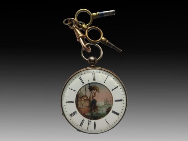 Rare Antique Pocket Key Watch French 1800s with Painted Enamel Dial 3