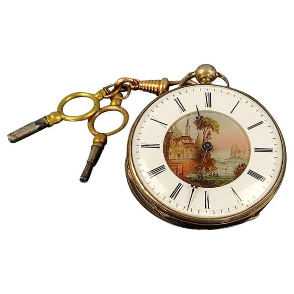 Rare Antique Pocket Key Watch French 1800s with Painted Enamel Dial 5