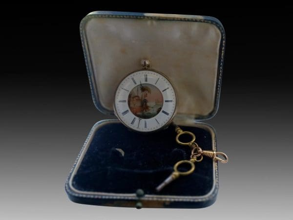 Rare Antique Pocket Key Watch French 1800s with Painted Enamel Dial 8
