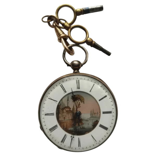Rare Antique Pocket Key Watch French 1800s with Painted Enamel Dial 1 transformed
