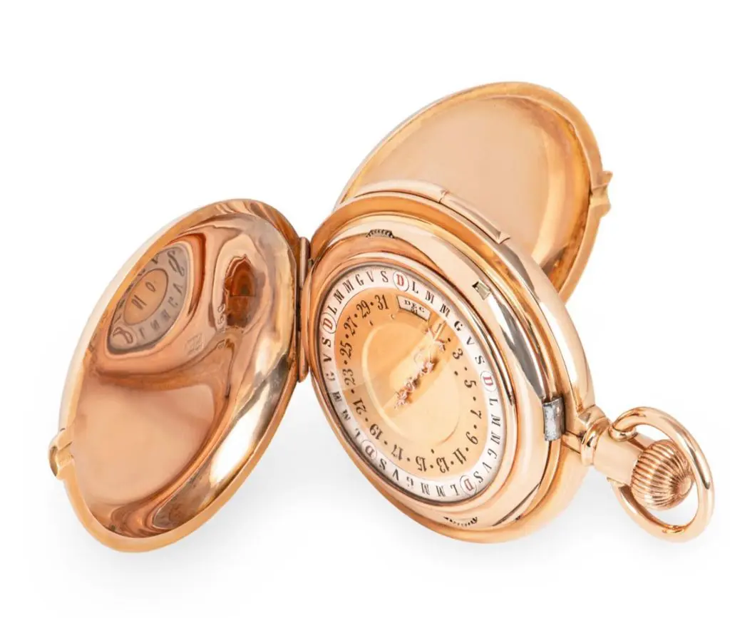 Schwäizer Rose Gold duebel sided Calendar Véierel weatlose Hiewelshëllef Pocketwatch 4 D&#39;Zukunft Watch Museum der antik Pocketen