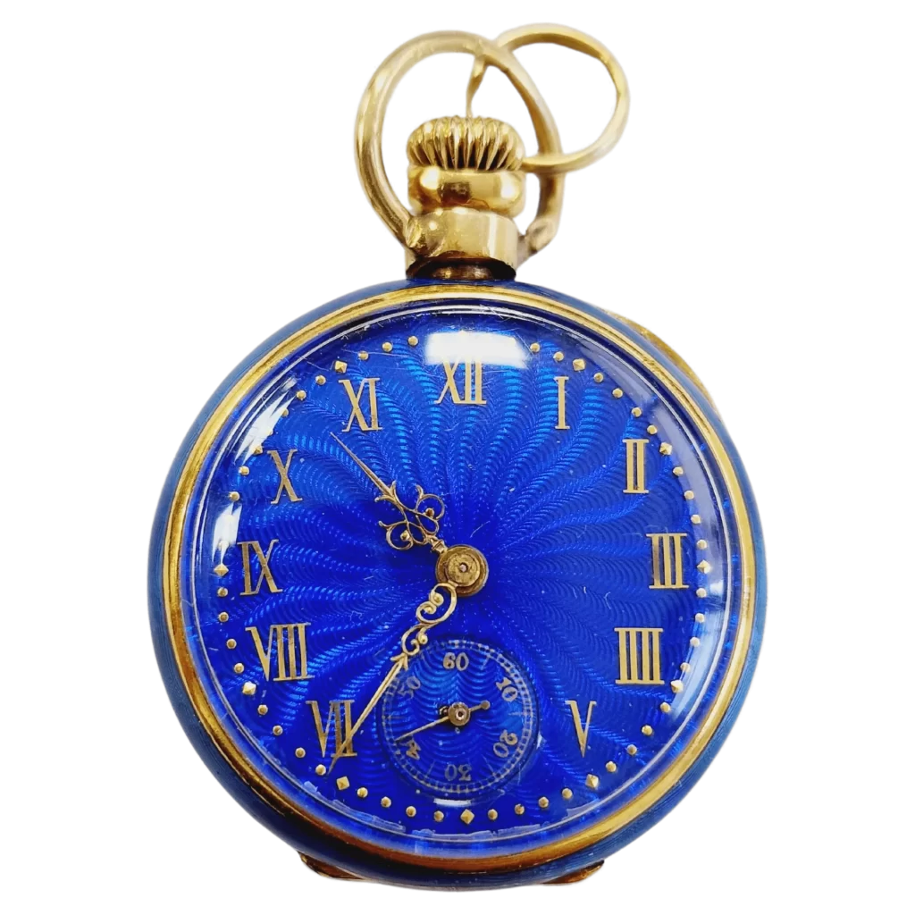 فنّ النقش على علب الساعات العتيقة 6 - WatchMuseum.org ساعة تيفاني كو. فينتاج 18 قيراطًا من المينا الأزرق المعلقة 1
