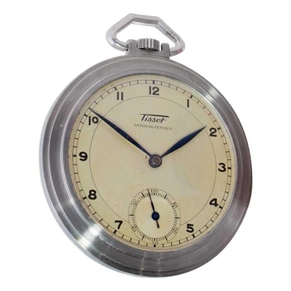 Tissot Steel Round Art Deco Pocket Watch with Original Dial from 1930s 2