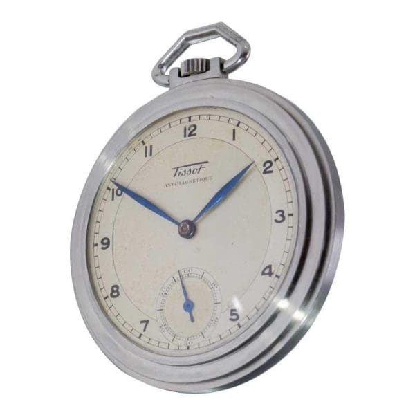 Tissot Steel Round Art Deco Pocket Watch with Original Dial from 1930s 3