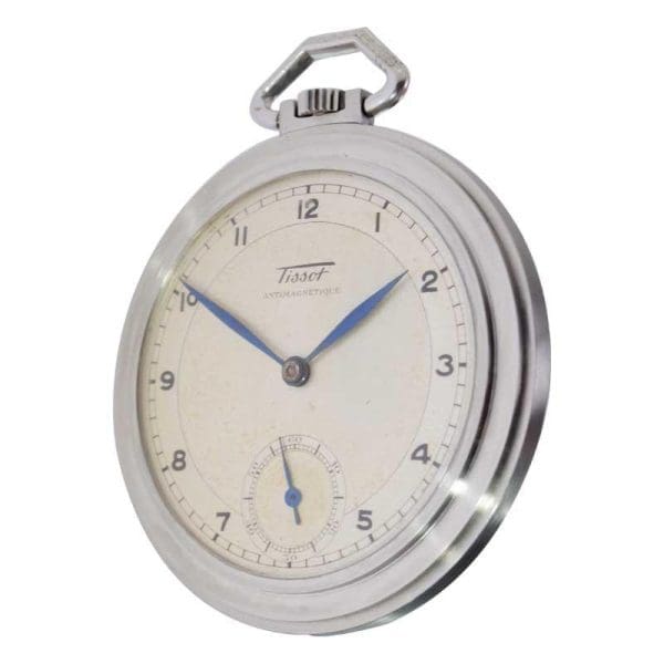 Tissot Steel Round Art Deco Pocket Watch with Original Dial from 1930s 5